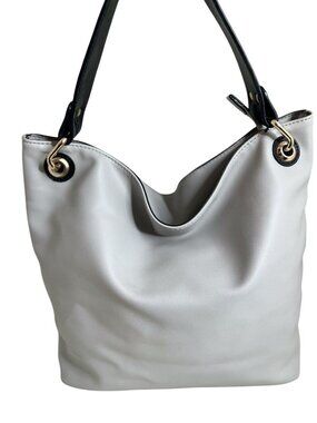 Isabelle Gray Faux Leather Tote Bag With Black Handles & Gold Accents